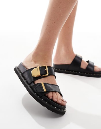 Elyna double buckle footbed sandals in black leather