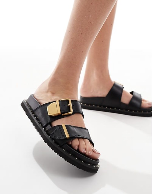 Elyna double buckle footbed sandals in black leather