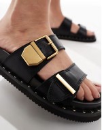 Elyna double buckle footbed sandals in black leather