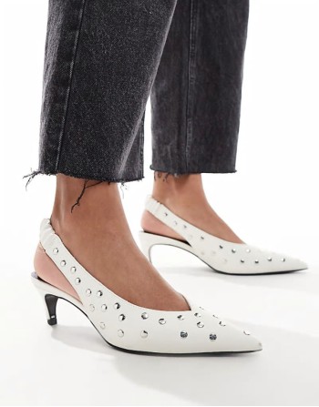 Scene studded slingback kitten heeled shoes in white