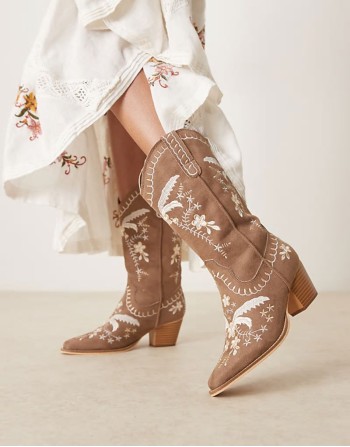embroidered western knee boots in tan