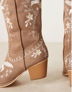 embroidered western knee boots in tan