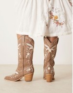 embroidered western knee boots in tan