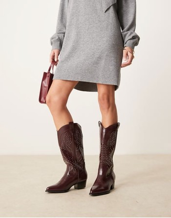 ‌Stylish studded western knee boots in burgundy