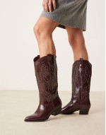 ‌Stylish studded western knee boots in burgundy