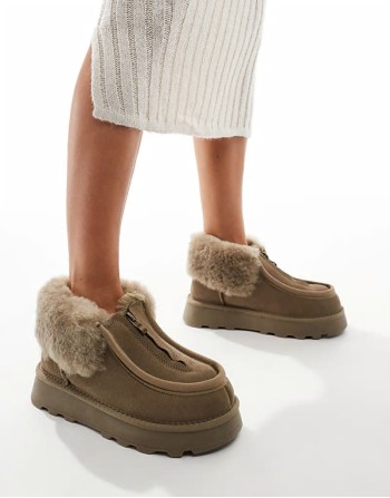 Real Sheepskin Zip Up Ankle Boot in Olive