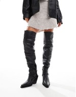 Kingfisher leather ruched over the knee boots with buckles in black