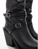 Kingfisher leather ruched over the knee boots with buckles in black