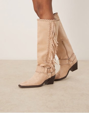 Cristina western fringe knee boots in beige
