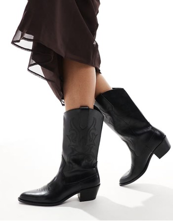 faux leather topstitched western boots in black