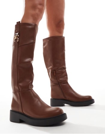 ‌Stylish knee high buckle flat riding boot in tan