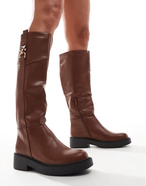 ‌Stylish knee high buckle flat riding boot in tan