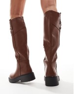‌Stylish knee high buckle flat riding boot in tan