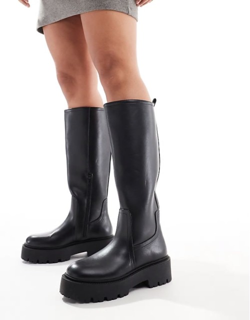 Wide Fit Carmen chunky flat knee boots in black