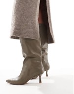 Wide Fit Crimson pull-on kitten heeled knee boots in khaki