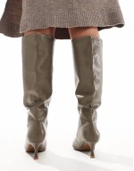 Wide Fit Crimson pull-on kitten heeled knee boots in khaki