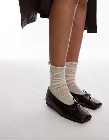 leather square toe ballet flats in dark brown embossed croc pattern