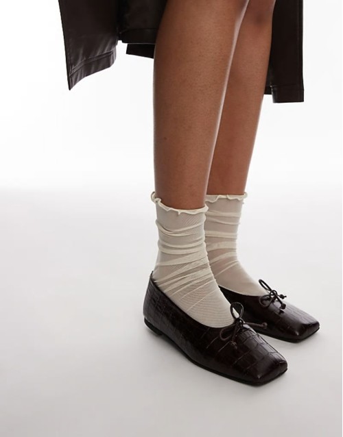 leather square toe ballet flats in dark brown embossed croc pattern