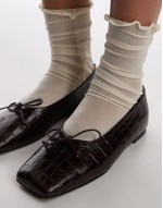 leather square toe ballet flats in dark brown embossed croc pattern