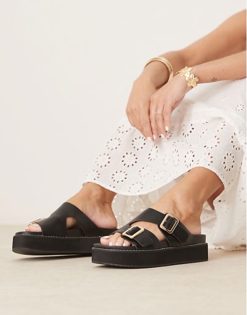 Narina asymmetric double buckle flatform sandals in black