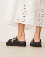 Narina asymmetric double buckle flatform sandals in black